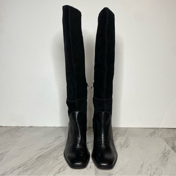 Dolce Vita Fynn Black Suede Crocodile Embossed Leather Heeled Tall Boot 8 - Picture 2 of 16